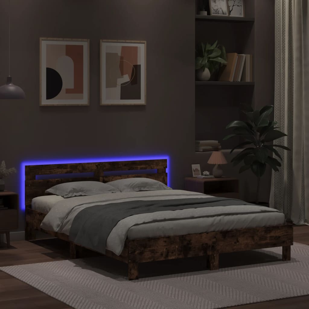 Bed Frame with LED without Mattress Smoked Oak 140x200 cm