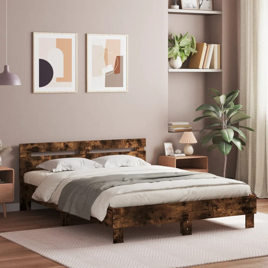 Bed Frame with LED without Mattress Smoked Oak 140x200 cm