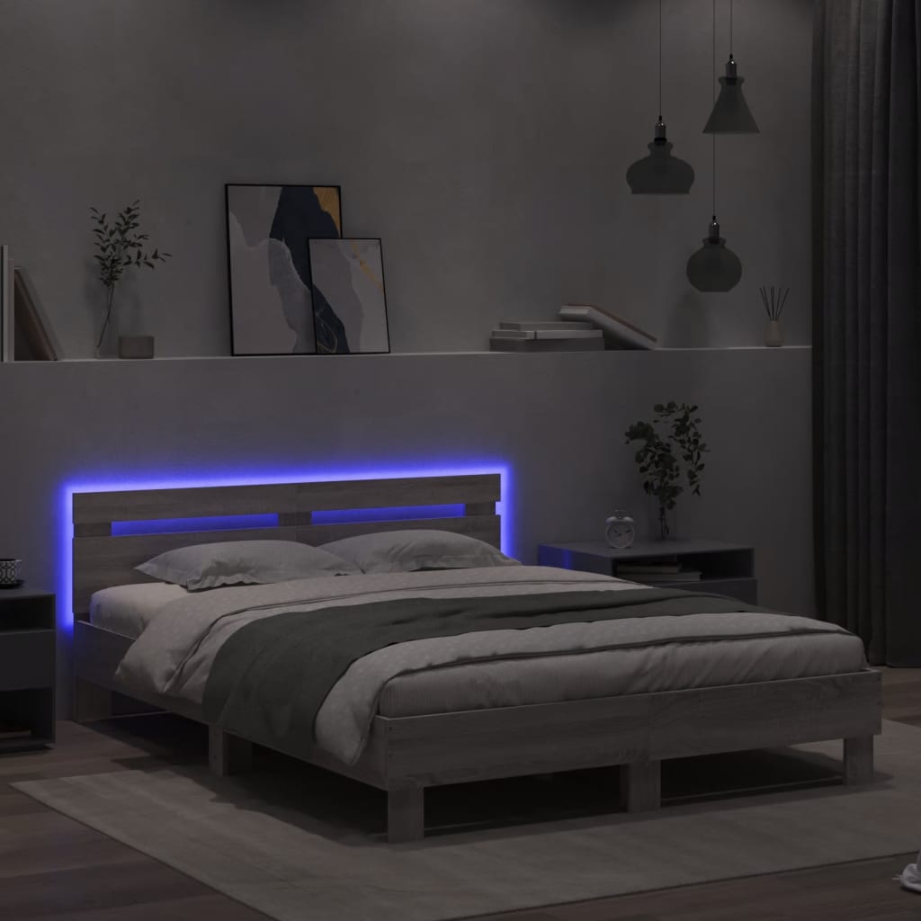 Bed Frame with LED without Mattress Grey Sonoma 140x200 cm