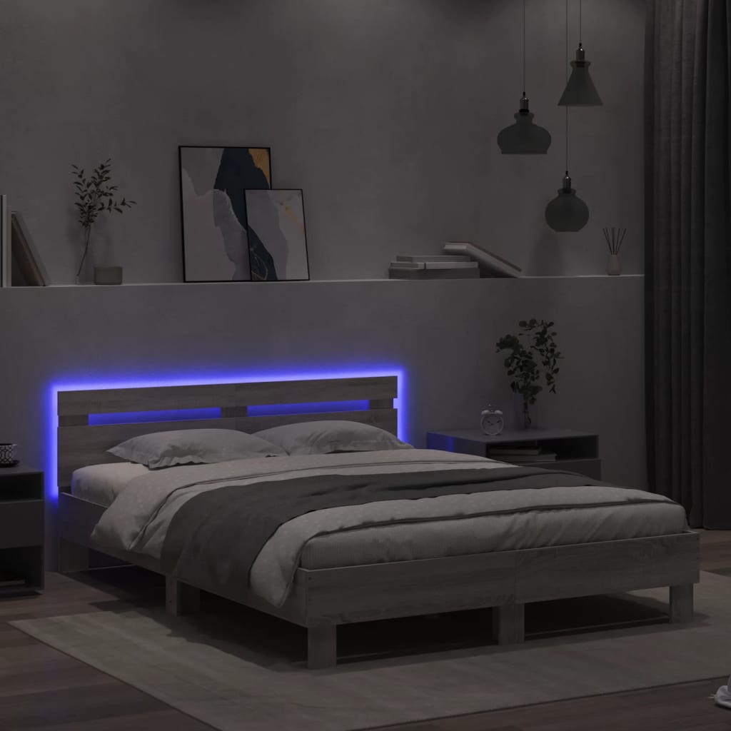 Bed Frame with LED without Mattress Grey Sonoma 140x190 cm