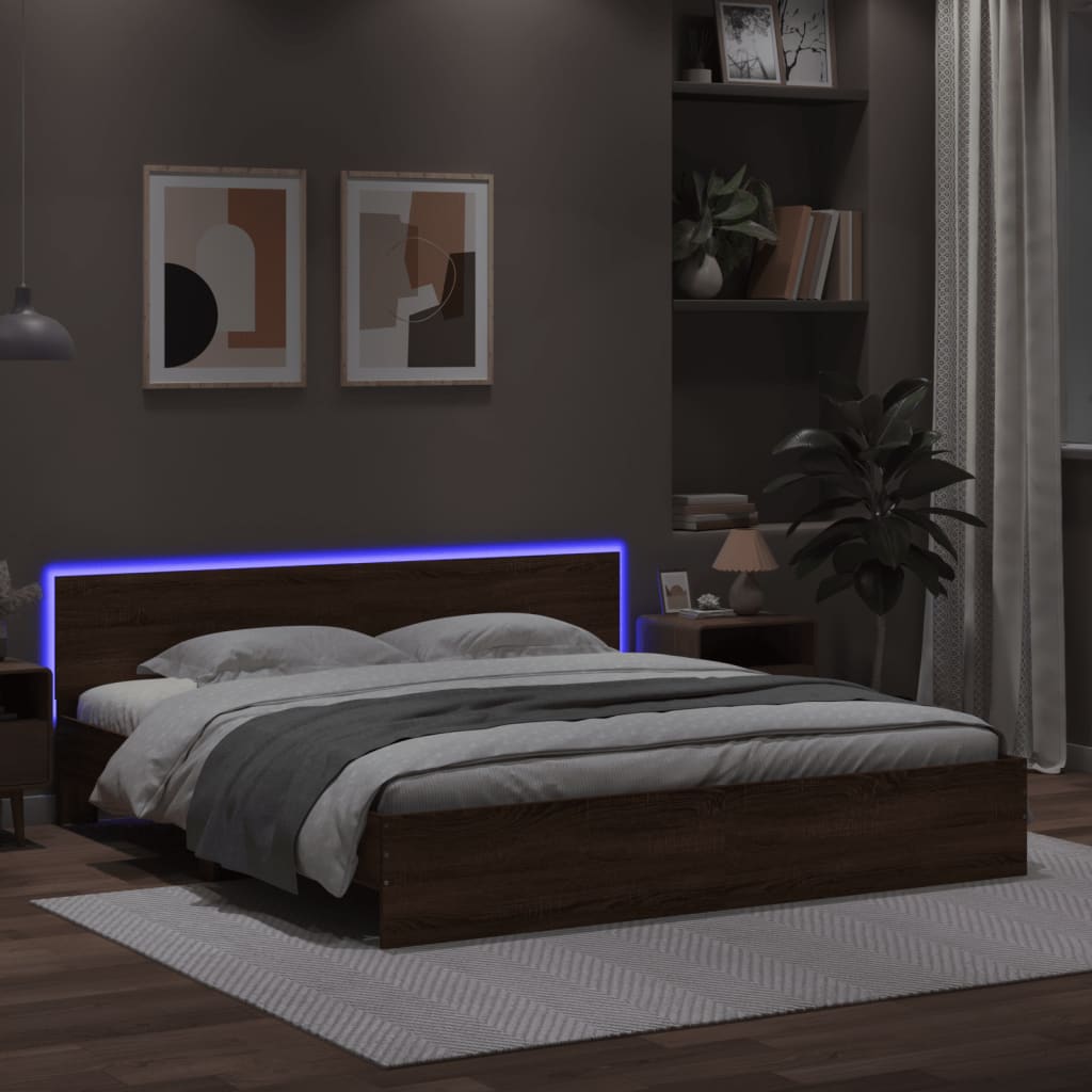 Bed Frame with LED without Mattress Brown Oak 200x200 cm