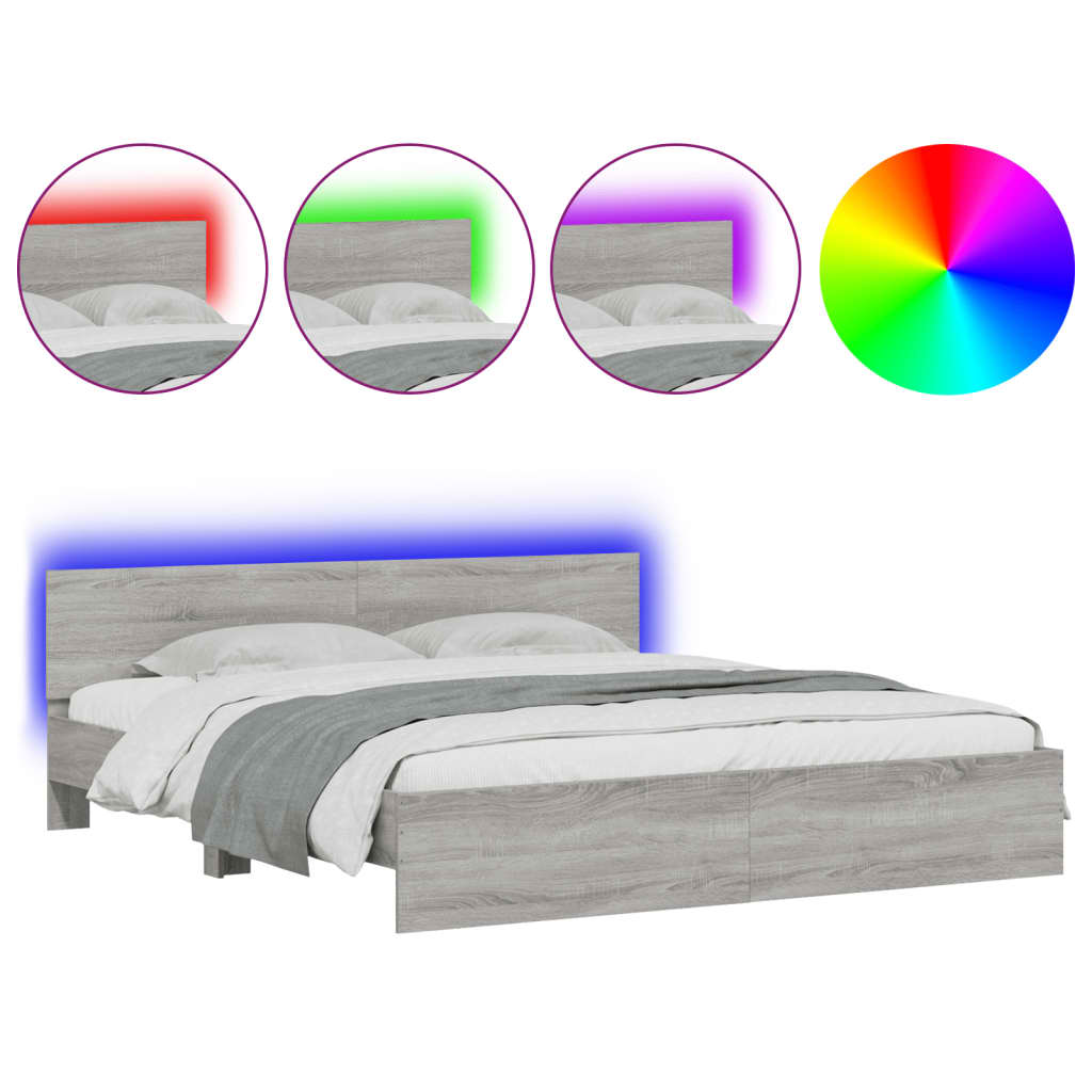 Bed Frame with LED without Mattress Grey Sonoma 180x200 cm Super King