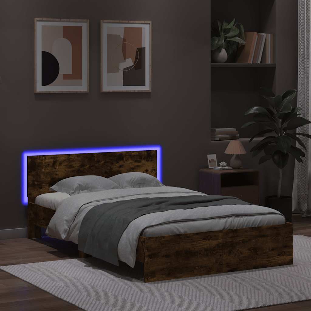 Bed Frame with Headboard and LED Smoked Oak 135x190 cm Double