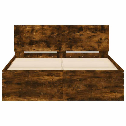 Bed Frame with Headboard and LED Smoked Oak 135x190 cm Double