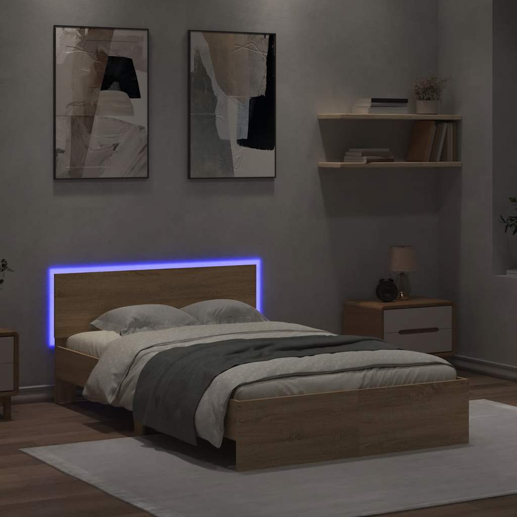 Bed Frame with Headboard and LED Sonoma Oak 120x190 cm Small Double