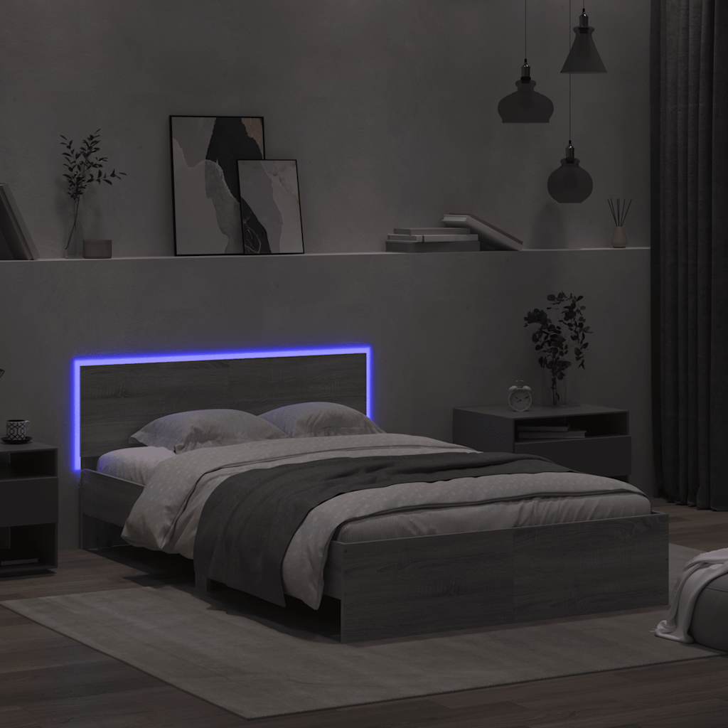Bed Frame with Headboard and LED Grey Sonoma 120x190 cm Small Double
