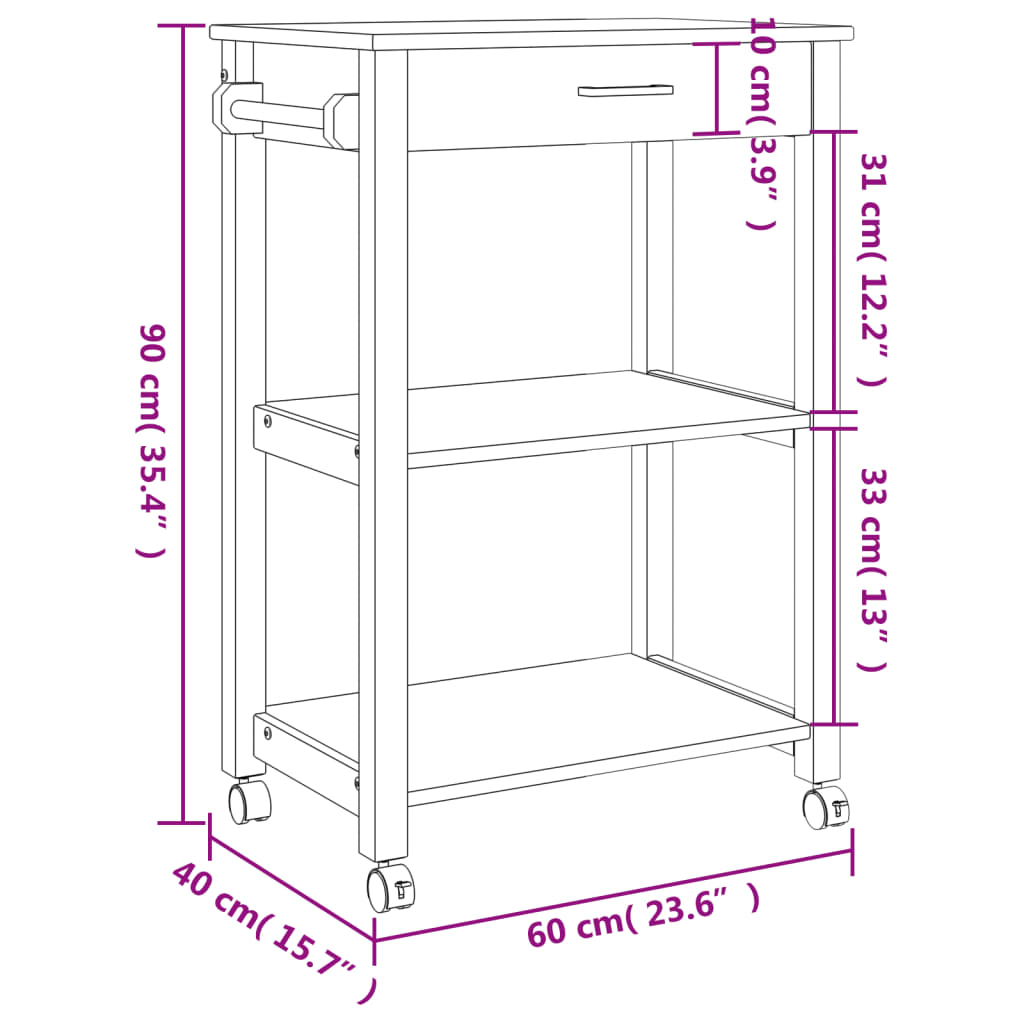Kitchen Trolley MONZA 60x40x90 cm Solid Wood Pine