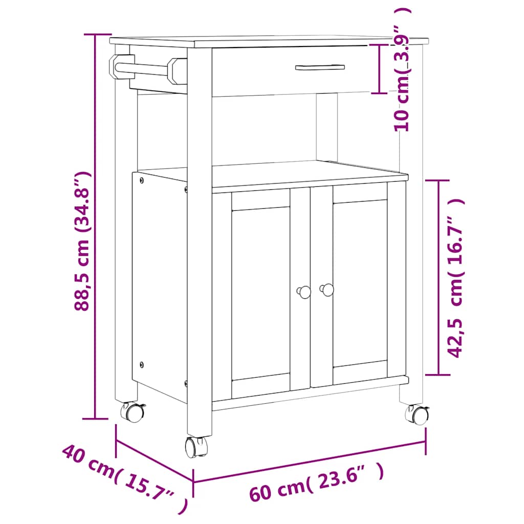 Kitchen Trolley MONZA 60x40x88.5 cm Solid Wood Pine
