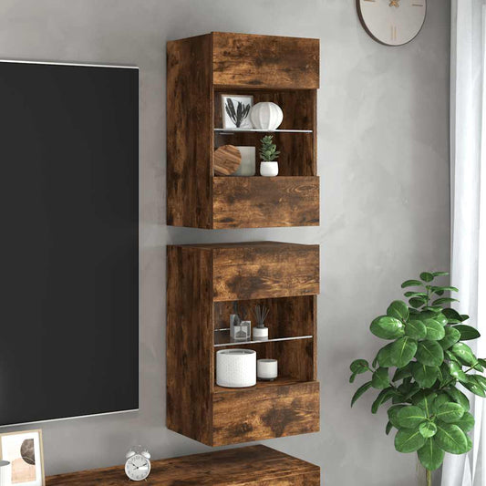 Wall Cabinets with LED Lights for TV 2 pcs Smoked Oak 40x30x60.5 cm