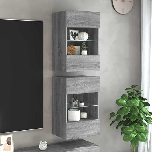 Wall Cabinets with LED Lights for TV 2 pcs Grey Sonoma 40x30x60.5 cm