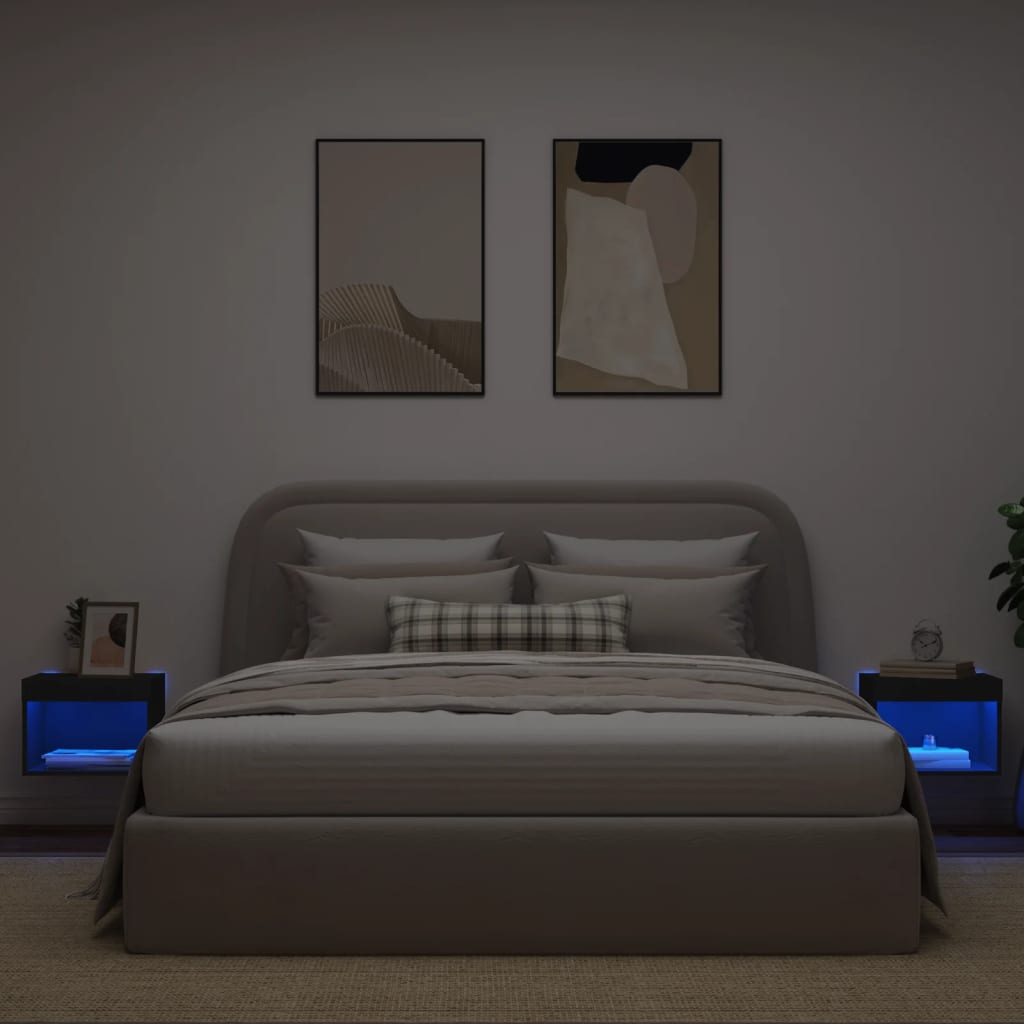 Bedside Cabinets with LED Lights Wall-mounted 2 pcs Black