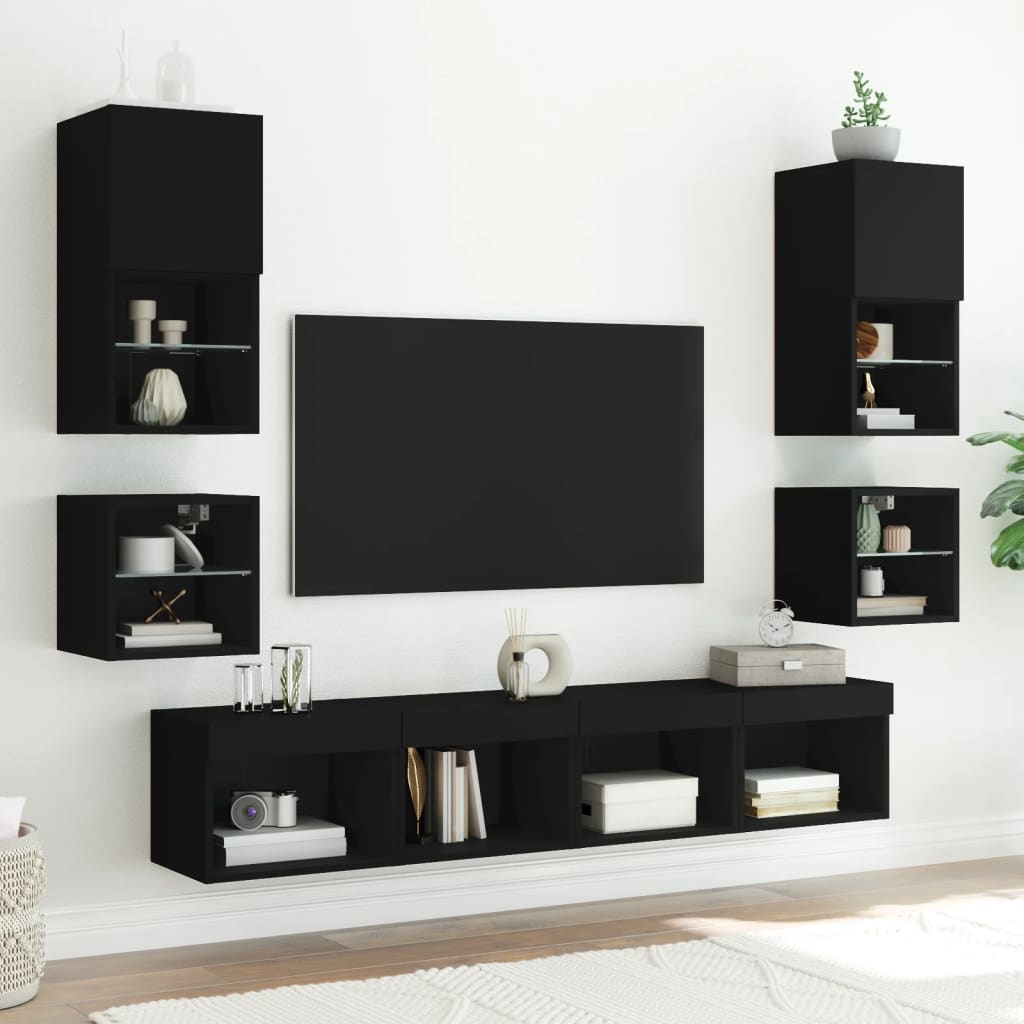 Bedside Cabinets with LED Lights Wall-mounted 2 pcs Black