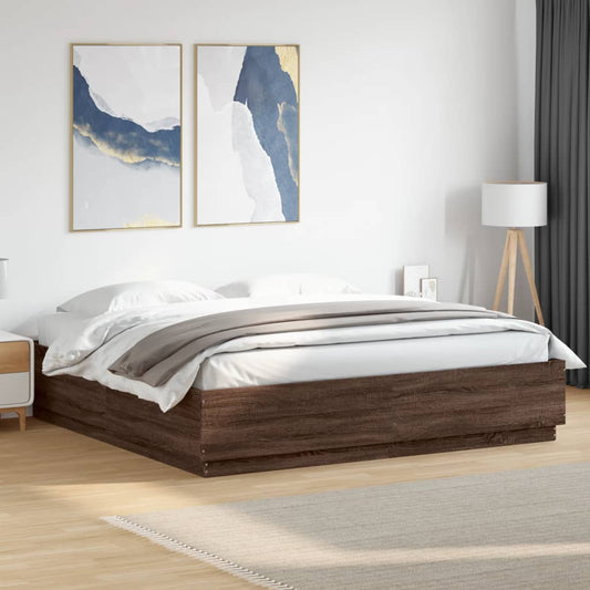 Bed Frame with LED without Mattress Brown Oak 200x200 cm