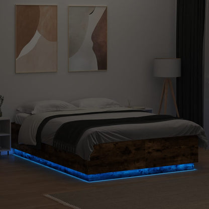 Bed Frame with LED without Mattress Smoked Oak 140x200 cm
