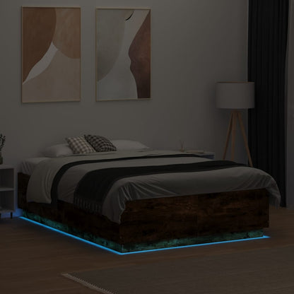 Bed Frame with LED without Mattress Smoked Oak 140x190 cm