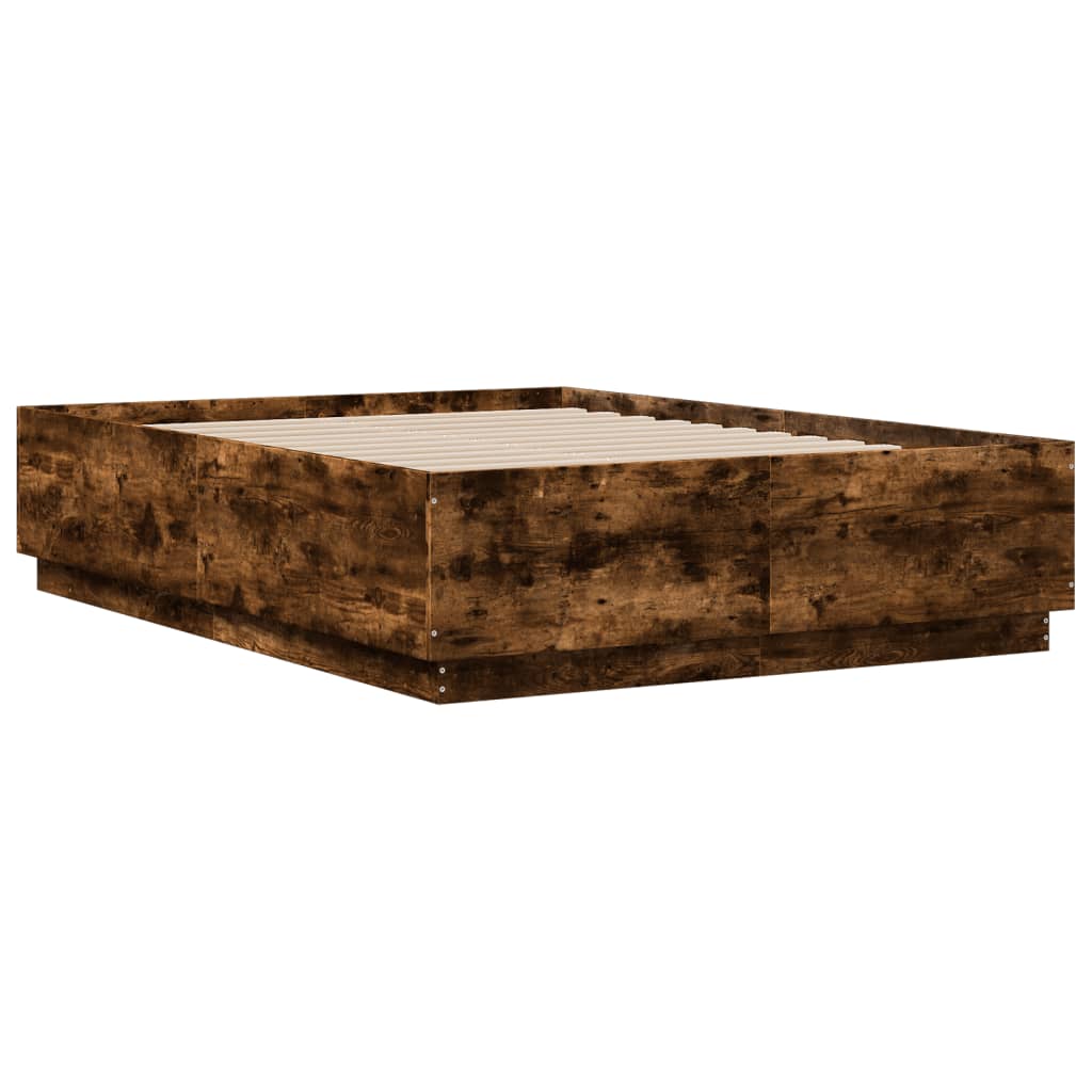 Bed Frame with LED without Mattress Smoked Oak 140x190 cm
