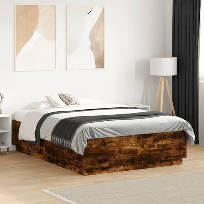 Bed Frame with LED without Mattress Smoked Oak 140x190 cm