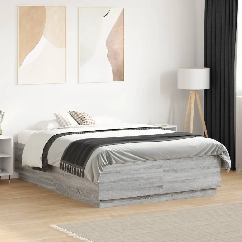 Bed Frame with LED without Mattress Grey Sonoma 135x190 cm Double
