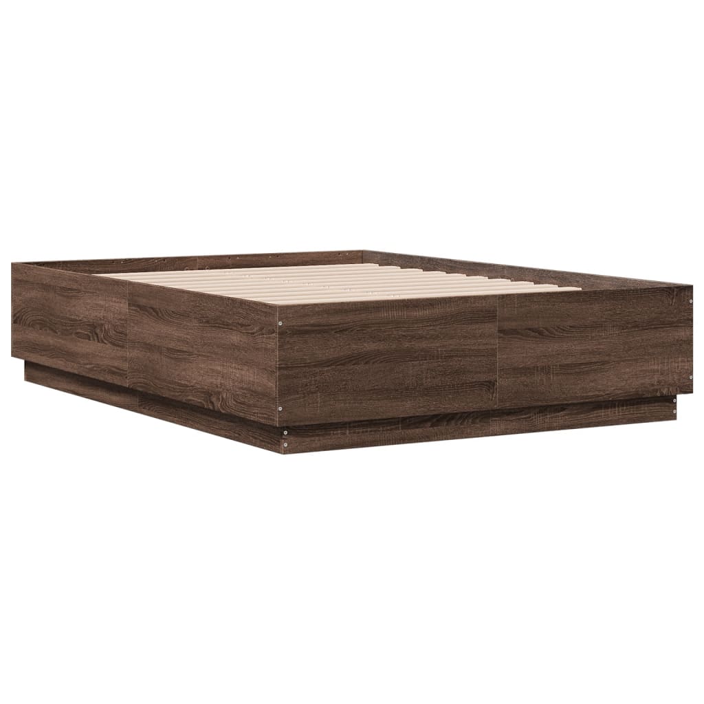 Bed Frame with LED without Mattress Brown Oak 135x190 cm Double