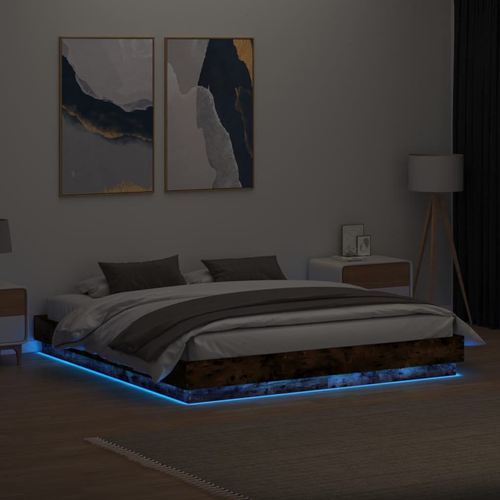Bed Frame with LED without Mattress Smoked Oak 200x200 cm