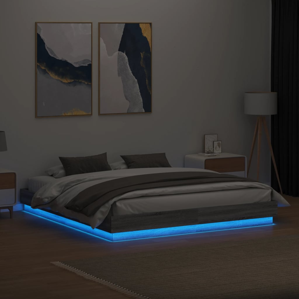 Bed Frame with LED without Mattress Grey Sonoma 200x200 cm