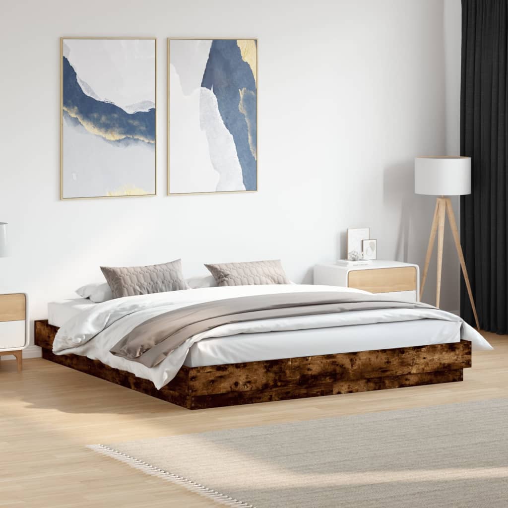 Bed Frame with LED without Mattress Smoked Oak 180x200 cm Super King