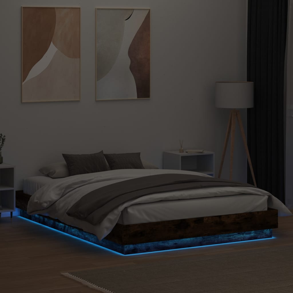 Bed Frame with LED without Mattress Smoked Oak 160x200 cm