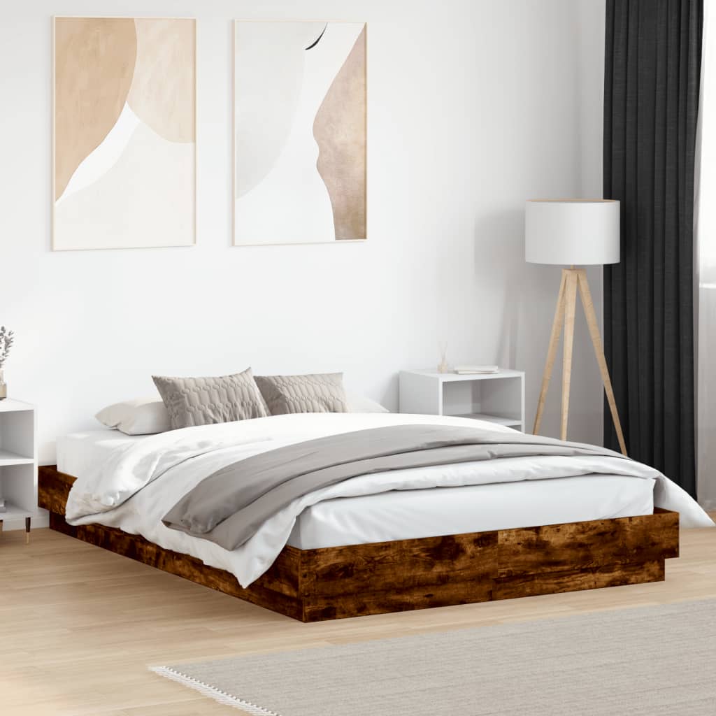 Bed Frame with LED without Mattress Smoked Oak 150x200 cm King Size