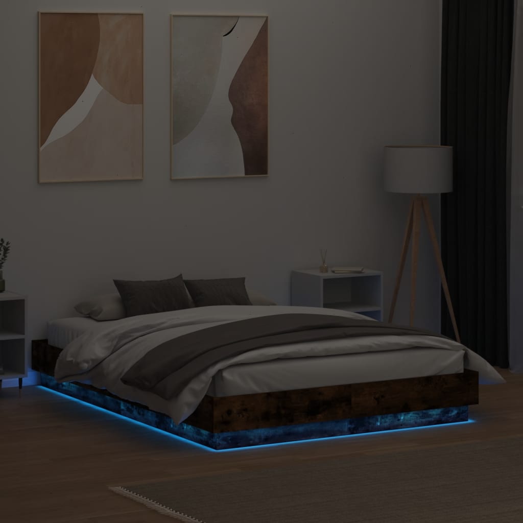 Bed Frame with LED without Mattress Smoked Oak 120x190 cm Small Double