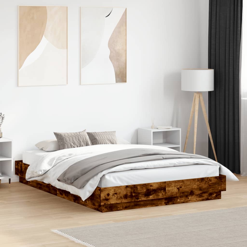Bed Frame with LED without Mattress Smoked Oak 120x190 cm Small Double