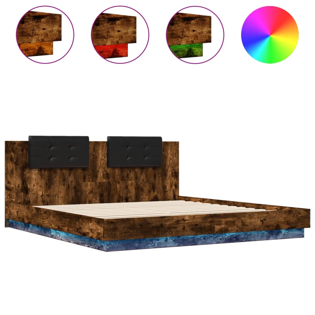 Bed Frame with LED without Mattress Smoked Oak 200x200 cm