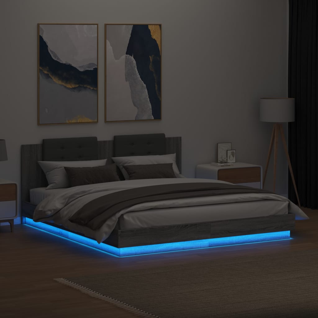 Bed Frame with LED without Mattress Grey Sonoma 200x200 cm