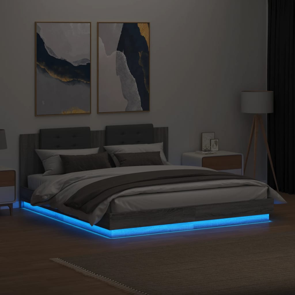 Bed Frame with LED without Mattress Grey Sonoma 160x200 cm
