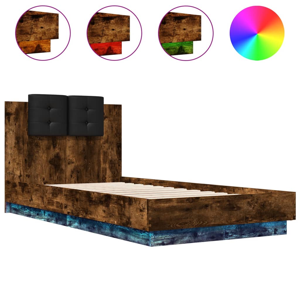 Bed Frame with LED without Mattress Smoked Oak 90x190 cm Single