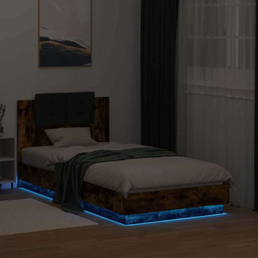 Bed Frame with LED without Mattress Smoked Oak 90x190 cm Single