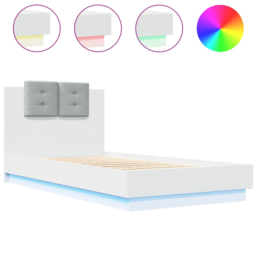 Bed Frame with LED without Mattress White 75x190 cm Small Single