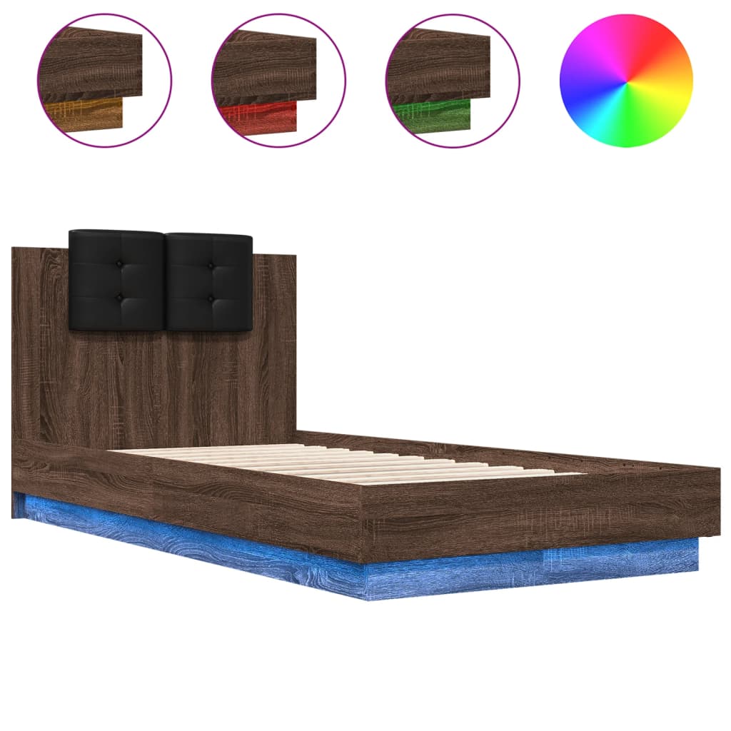 Bed Frame with LED without Mattress Brown Oak 75x190 cm Small Single