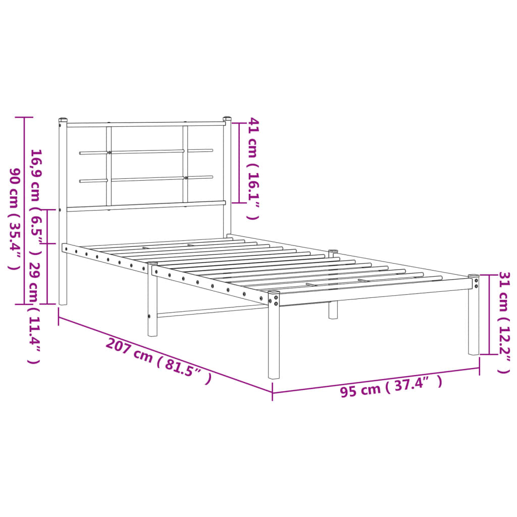 Metal Bed Frame without Mattress with Headboard Black 90x200cm