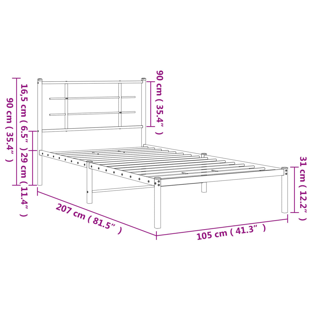 Metal Bed Frame without Mattress with Headboard White 100x200cm