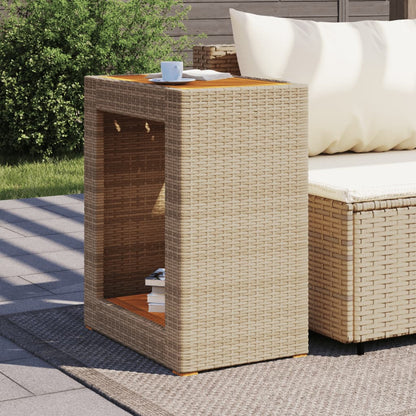 Garden Side Table with Wooden Top Beige 60x40x75 cm Poly Rattan
