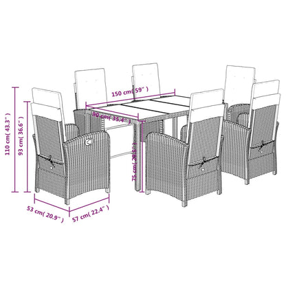 7 Piece Garden Dining Set with Cushions Black Poly Rattan
