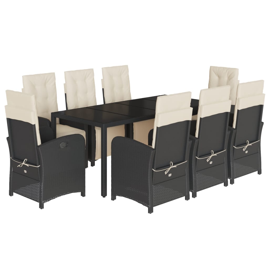 9 Piece Garden Dining Set with Cushions Black Poly Rattan