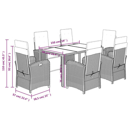 7 Piece Garden Dining Set with Cushions Grey Poly Rattan