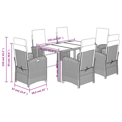 7 Piece Garden Dining Set with Cushions Grey Poly Rattan
