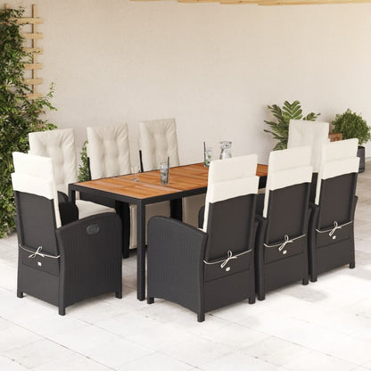 9 Piece Garden Dining Set with Cushions Black Poly Rattan