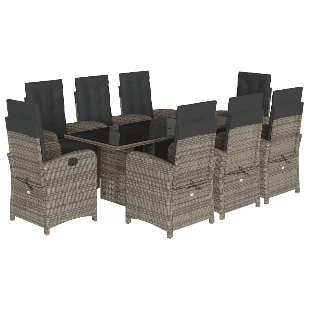 9 Piece Garden Dining Set with Cushions Grey Poly Rattan