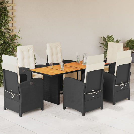 7 Piece Garden Dining Set with Cushions Black Poly Rattan
