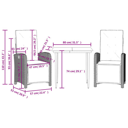 3 Piece Bistro Set with Cushions Grey Poly Rattan