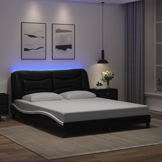 Bed Frame with LED without Mattress "Hvar" Black and White 160x200 cm