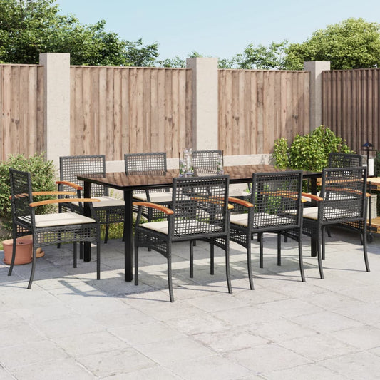 9 Piece Garden Dining Set with Cushions Black Poly Rattan